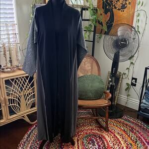 Authentic Saudi Arabian Black & Silver Open Front Abaya Kimono Maxi Coat
